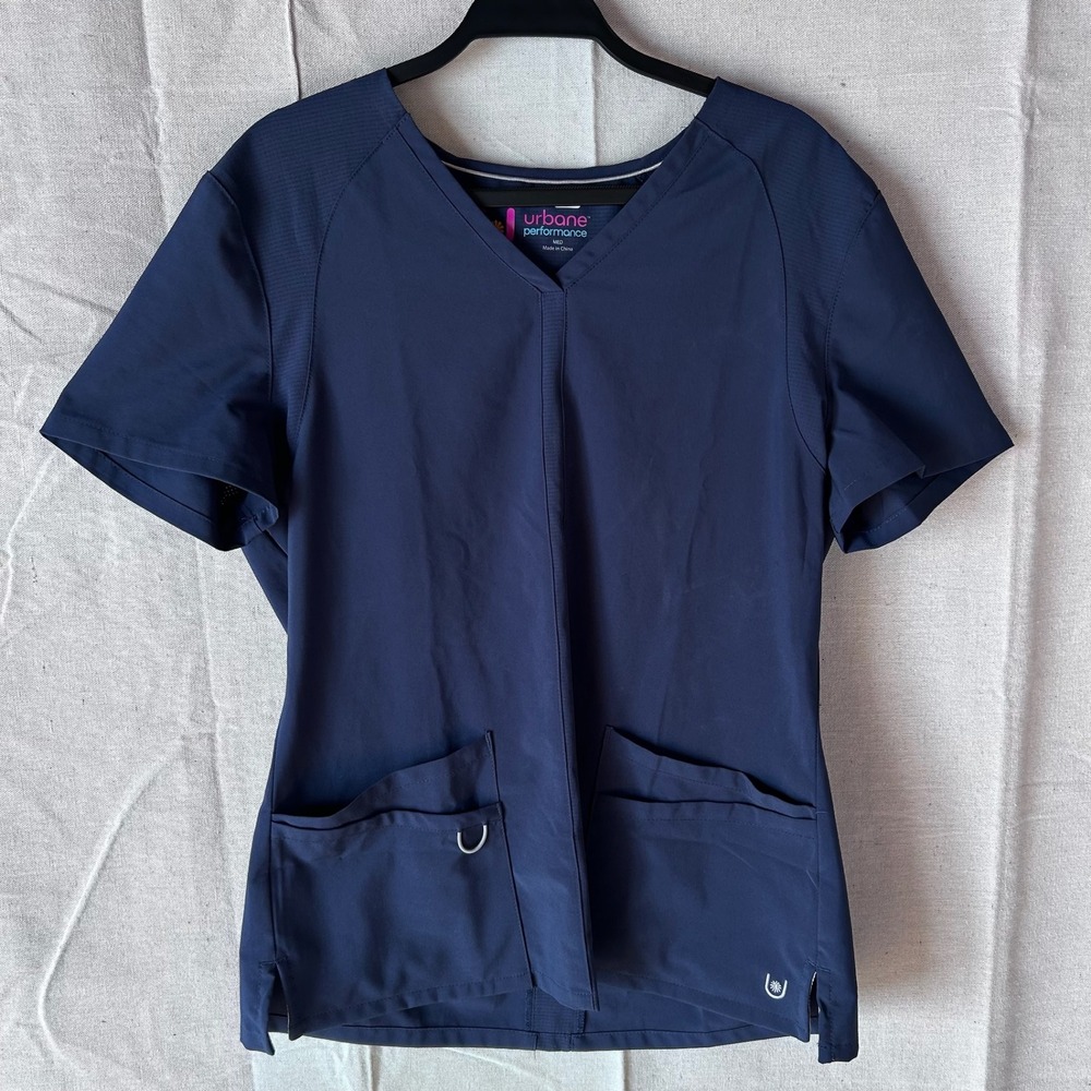 Urbane Performance Women Navy Blue V-Neck Scrub Top Medium Mesh Panels Pockets